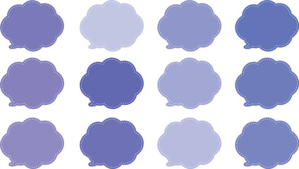 紫や青が入った１２色の雲の形をしたふきだしセット。吹き出しの内側は白い破線で囲まれている。