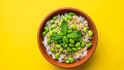 Green Edamame Rice Bowl sesame seeds mint