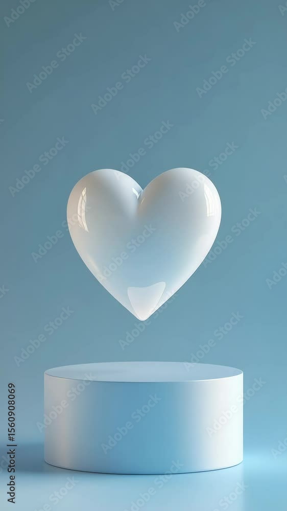 Poster white heart balloon floating above a blue platform, 3d rendering of surreal art