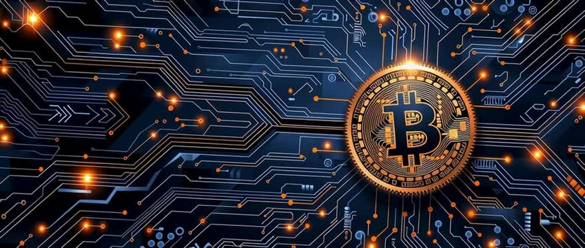 bitcoin in the black network circuit board background, in the style of light indigo and bronze, graphic illustration, rim light, fluid and organic, commission Generative AI