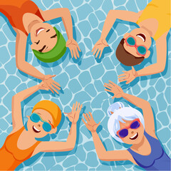 Elderly friends enjoying aqua aerobics in a pool, laughing and wearing colorful swim caps, showcasing vibrant energy and camaraderie in a refreshing aquatic environment