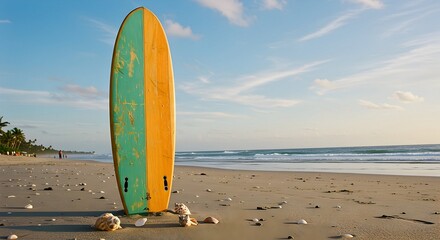 Surfboard Standing on a Sandy Beach with Ocean View