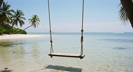 Swing Hanging Over Tropical Sea with Sandy Beach View