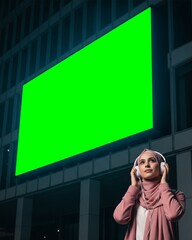 Modern Hijab Woman Listening to Music Under Giant Green Screen Billboard at Night