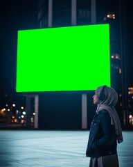 Modern Hijab Woman Listening to Music Under Giant Green Screen Billboard at Night