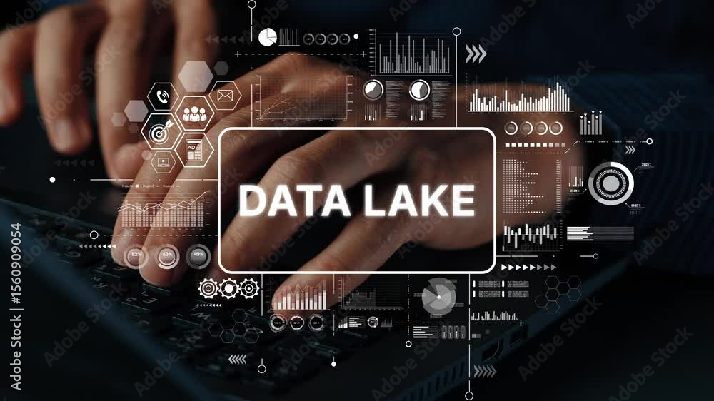 Fototapete Hands Typing on Keyboard with Data Lake Concept Visualization and Digital Graphics Representing Big Data Analysis and Management. Asymptotic smart data analytic.