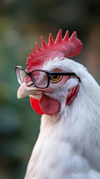 White chicken wearing glasses against blurred green background, humorous portrait