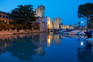 The scaliger castle of Sirmione, on the Garda lake, at blue hour, Sirmione, Italy