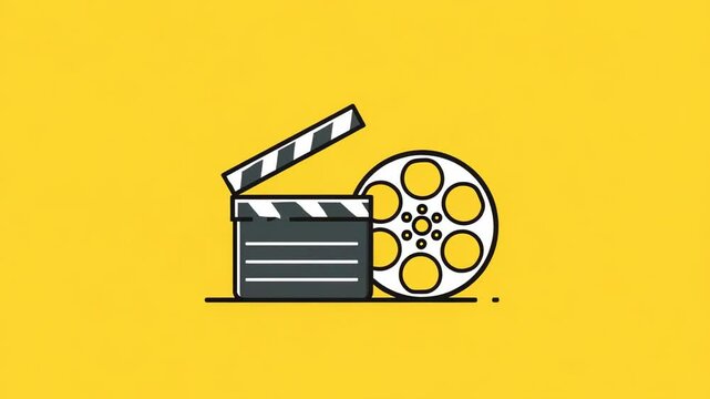Flat vector illustration of movie clapperboard and film reel on yellow background, cinema concept icon