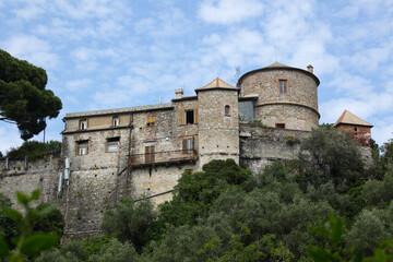 Brown Castle on the hilltop over Portofino, Liguria, Italy