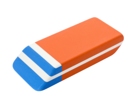 A red and blue eraser, isolated on a white background, commonly used for correcting mistakes in drawing or writing.