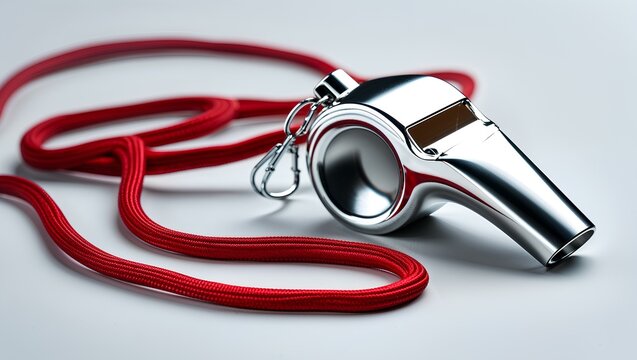 A close-up of a silver whistle with a red lanyard