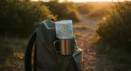 Backpack and Map Ready for Hiking Adventure at Sunset
