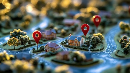 Suburban location markers, sunset background, real estate