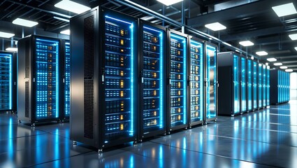 A futuristic data center illuminated by cool blue LED lights