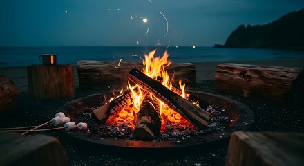 Beach Campfire Burning at Night with Marshmallows and Log Seating