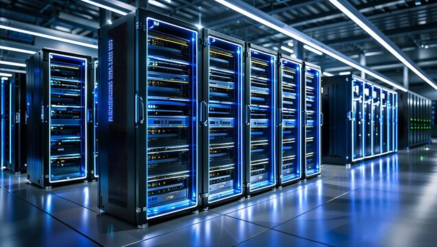 A futuristic data center illuminated by cool blue LED lights