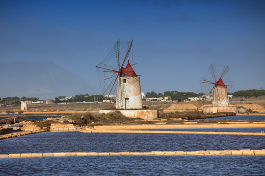 Windmills at Salt Pans in Trapani, Sicily, Italy