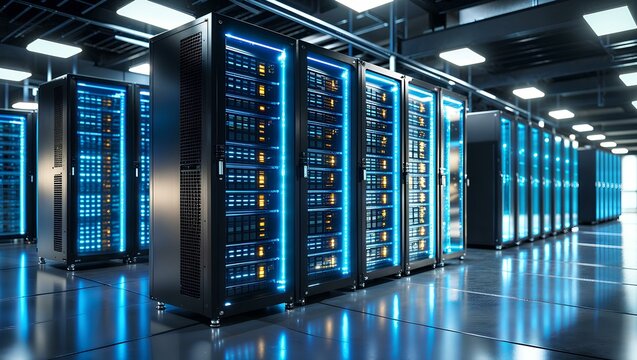 A futuristic data center illuminated by cool blue LED lights - Powered by Adobe