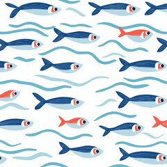 Flat illustration of simple cartoon sardines arranged over a white background with soft blue zigzag wave lines, ideal for packaging, kitchen-themed printables and coastal decoration