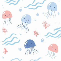 Naklejka premium Flat illustration of cartoon jellyfish floating on a white background with light blue zigzag lines, featuring simplified childlike shapes, perfect for kids decor and underwater-themed packaging