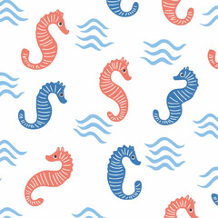 Obraz premium Flat illustration of cartoon seahorses scattered across a white background with light blue zigzag lines, featuring simplified childlike shapes, perfect for summer decor and marine-themed printables