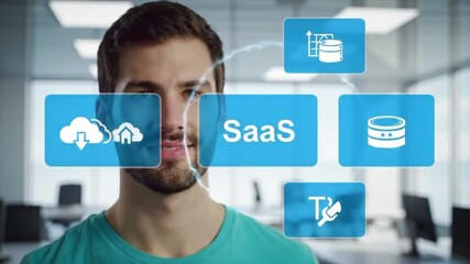 A young man engages with digital tools in a bright office environment. He showcases cloud services and smart device capabilities while explaining their benefits for productivity