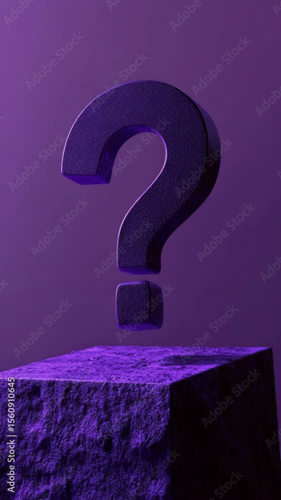 Poster Purple question mark floating above a textured stone block in dark atmosphere