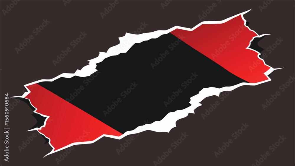 Poster torn paper effect with black and red rectangular shapes with noise texture vector