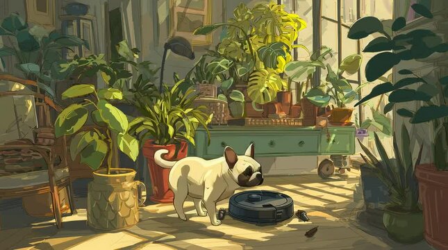 French Bulldog and Roomba in Sunlit Plant-Filled Room