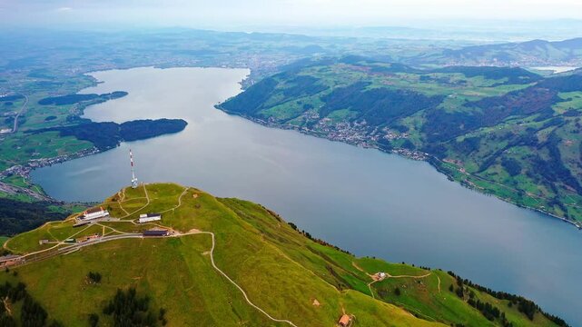 Aerial view over Mount Rigi and lake Zug. Arth, Switzerland.