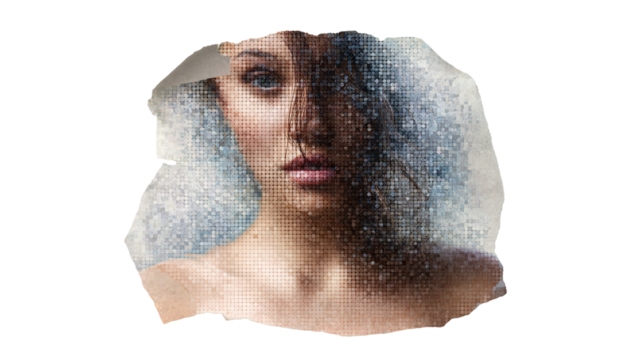 Torn paper collage of a woman's portrait, made from small pixelated squares, on a transparent background. The image is realistic, detailed, and cinematic in style. 
