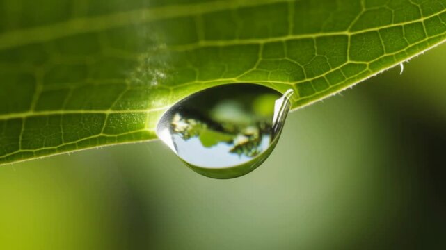 A single drop holds the world: extreme close-up of a trembling water droplet on a leaf, reflecting reality inside before falling in slow motion with silent echoes and luminous detail - Powered by Adobe