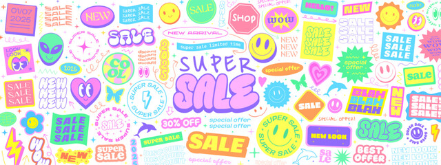 Cool Sale Stickers Groovy Collage. Funky Retro Pop Art Promo Patches. Y2k Geometric Labels.