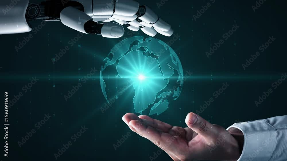 Poster futuristic robot artificial intelligence enlightening ai technology development and machine learning