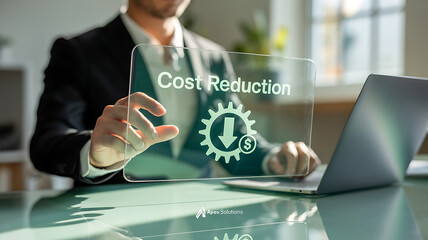 Man in suit interacting with transparent screen displaying cost reduction graphic near laptop