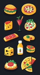 Food icons, various types of pizza, sandwiches, cheese, juice, cocktails