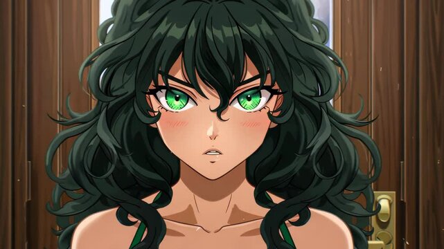Anime-style Character: A captivating illustration of a character with striking emerald green eyes. Her gaze pierces the viewer, her expression a blend of determination and intrigue.