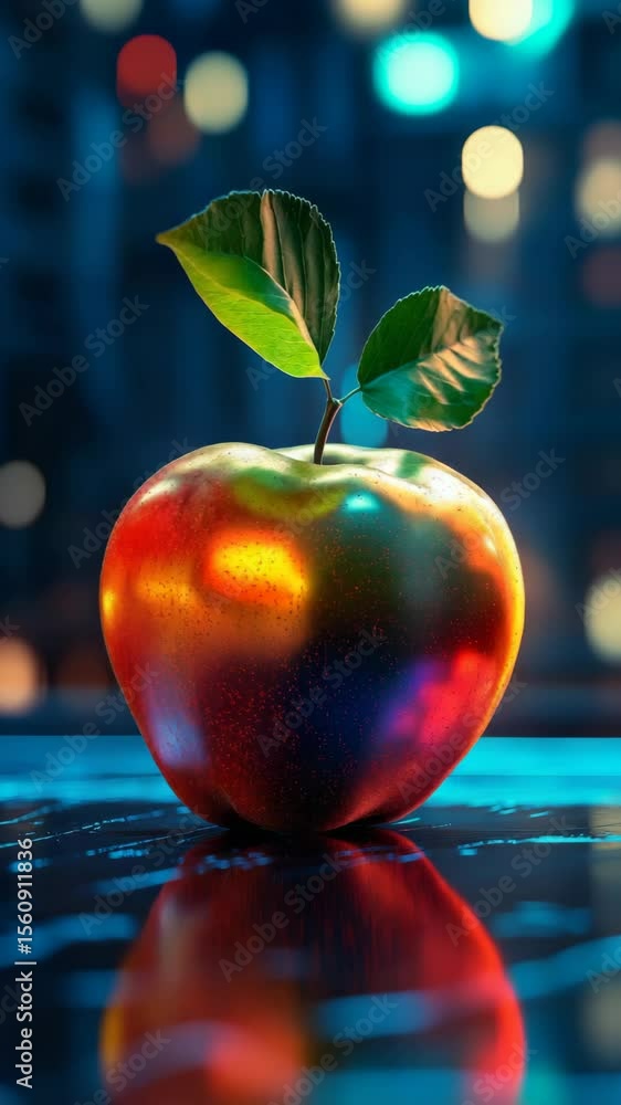Poster Iridescent apple with leaves on a reflective surface, bokeh background