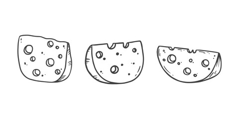 Cheese in sketch style, black and white illustration. Slice of cheese isolated on white. Food Vector illustration
