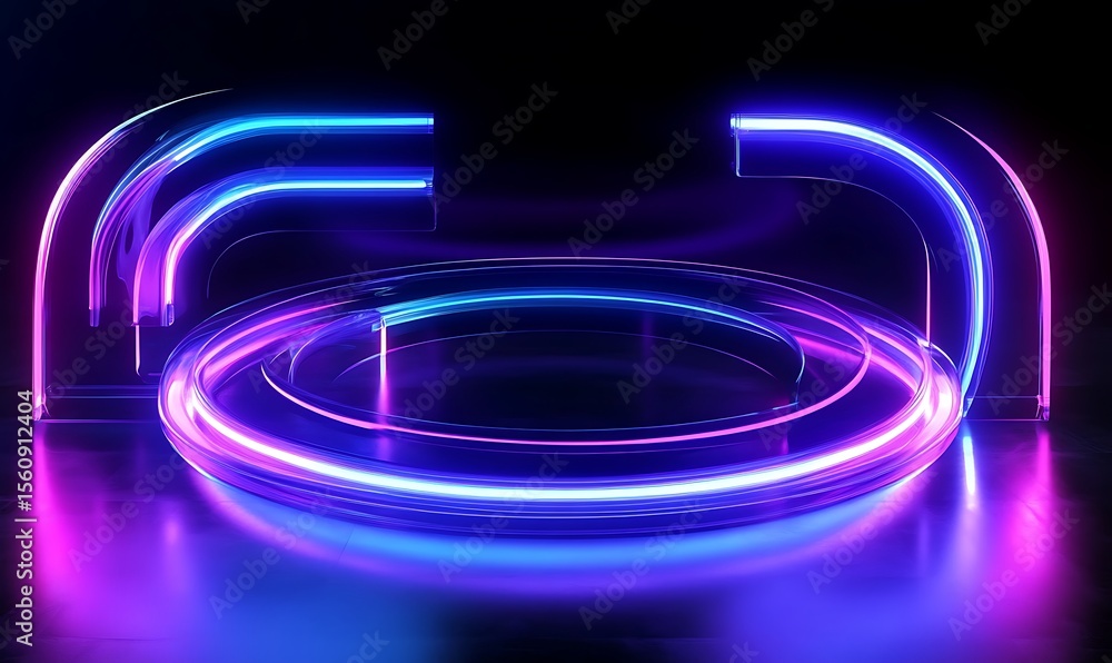 Poster futuristic sci-fi abstract blue and purple neon light shapes on black background and reflective with