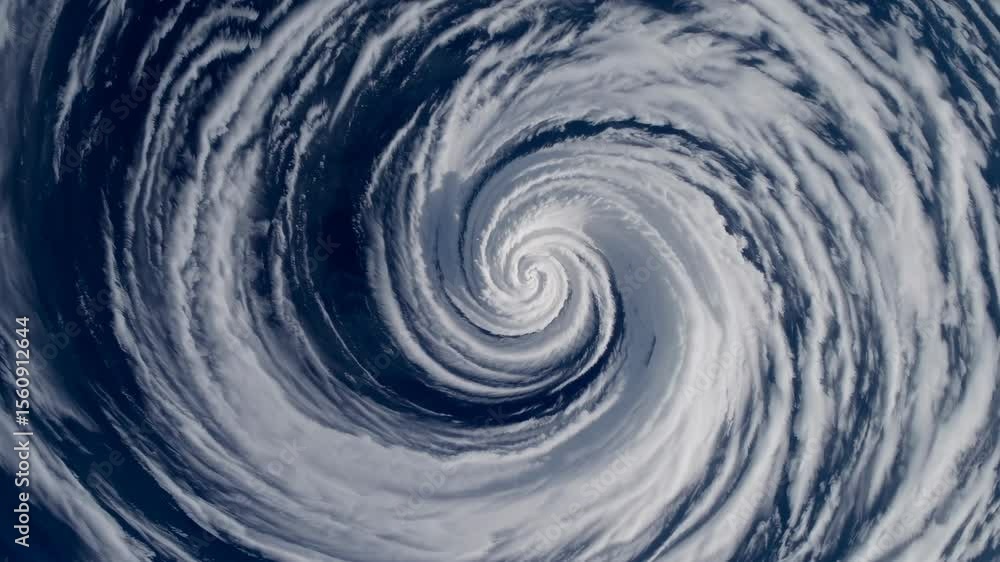 Poster aerial view of a swirling cyclone pattern over the ocean, capturing the dynamic motion of clouds. pe
