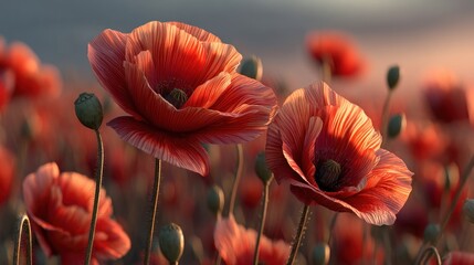 Obraz premium Serene Sunset Poppy Field: Delicate Petals in Golden Hour Light