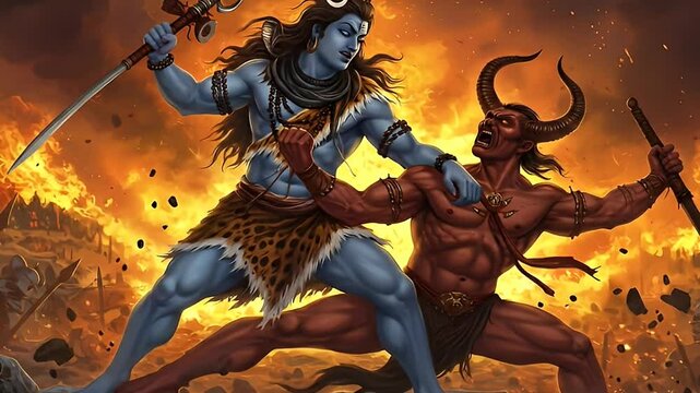 Lord Shiva Wallpaper Fighting Demon in Fiery Battlefield Scene