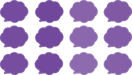 紫色とピンク、あずき色をした１２色の雲の形の吹き出しセット。ふきだしの内側は白い破線で囲まれている。