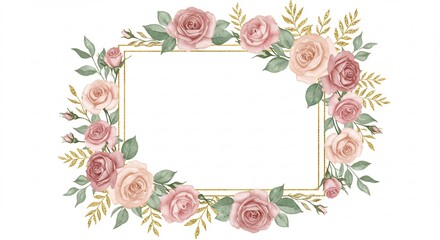Elegant Watercolor Roses Frame Gold Geometric Border with Blush Pink and Mauve Flowers, Perfect for Wedding Invitations, Birthday Cards, or Elegant Design Projects