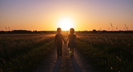 Fototapeta premium Silhouetted Kids Siblings Holding Hands on a Rural Path at Sunset