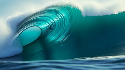 Ocean Wave Abstract: A powerful turquoise ocean wave curls, revealing its inner swirling energy and vibrant teal hues.  The image evokes a sense of raw power and dynamic motion. 