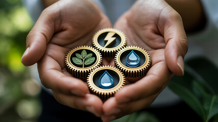 Hands holding four cogwheels with symbols of nature, water, electricity, and plant life