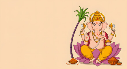 Simple vector illustration of the Hindu god Lord Ganesha sitting on a lotus flower. This clean design is for the religious festival of Ganesh Chaturthi